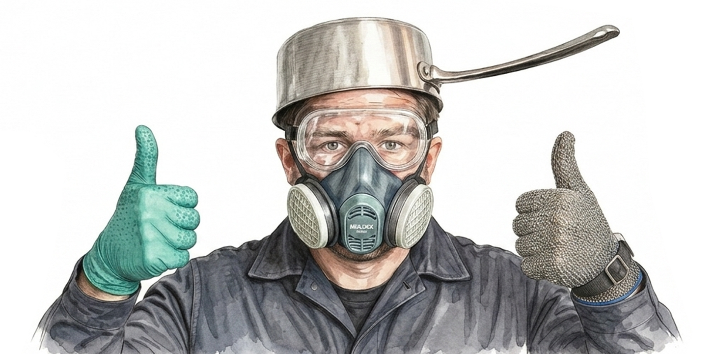 Arbeitsschutzausrüstung mit Handschuhen, Schutzbrille und Maske